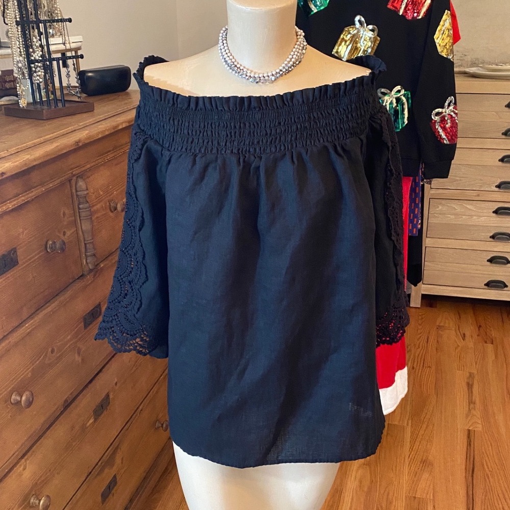 Chico's Black Off the Shoulder Linen Top Lace‎ Sleeve Casual Boho Women's Blouse